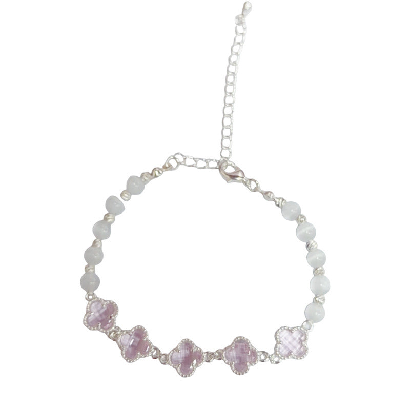 Sier Four-leaf Flower Glass Zircon Opal Temperament Entry Lux Simple Bracelets