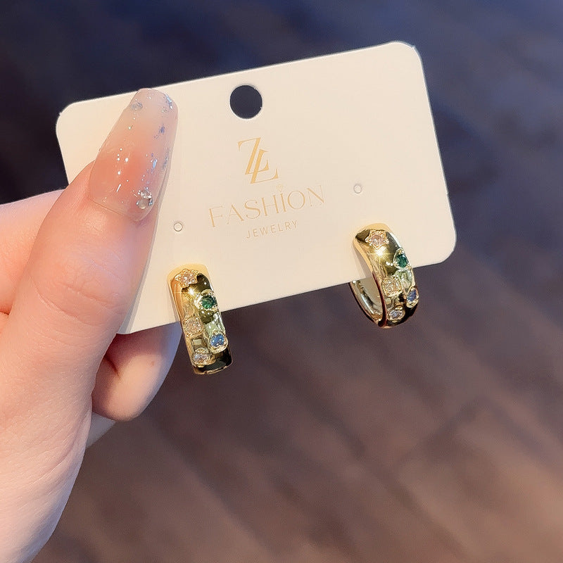 Real Gold Electroplating Simple Exquisite Color Zircon Special Interest Light Stud Earrings