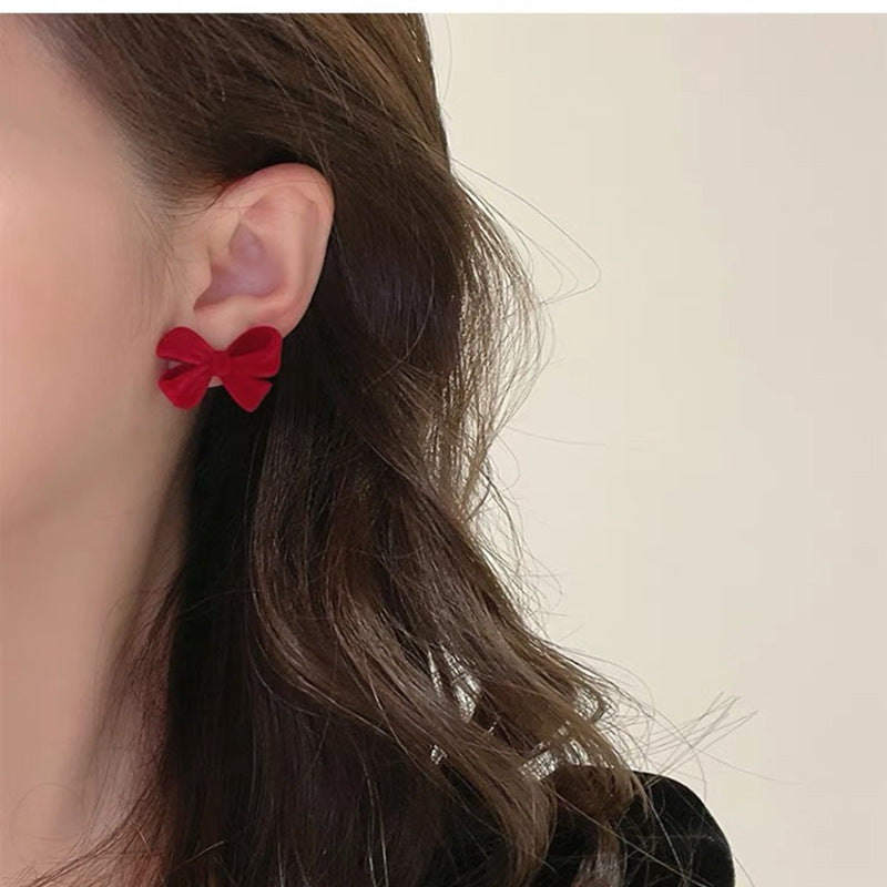 Sweet Red Veet Bow Korean Style Girlish Earrings