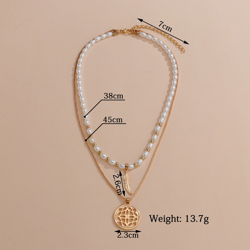 Women's Leaf Pearl Beaded Geometric Disc Pendant Necklaces