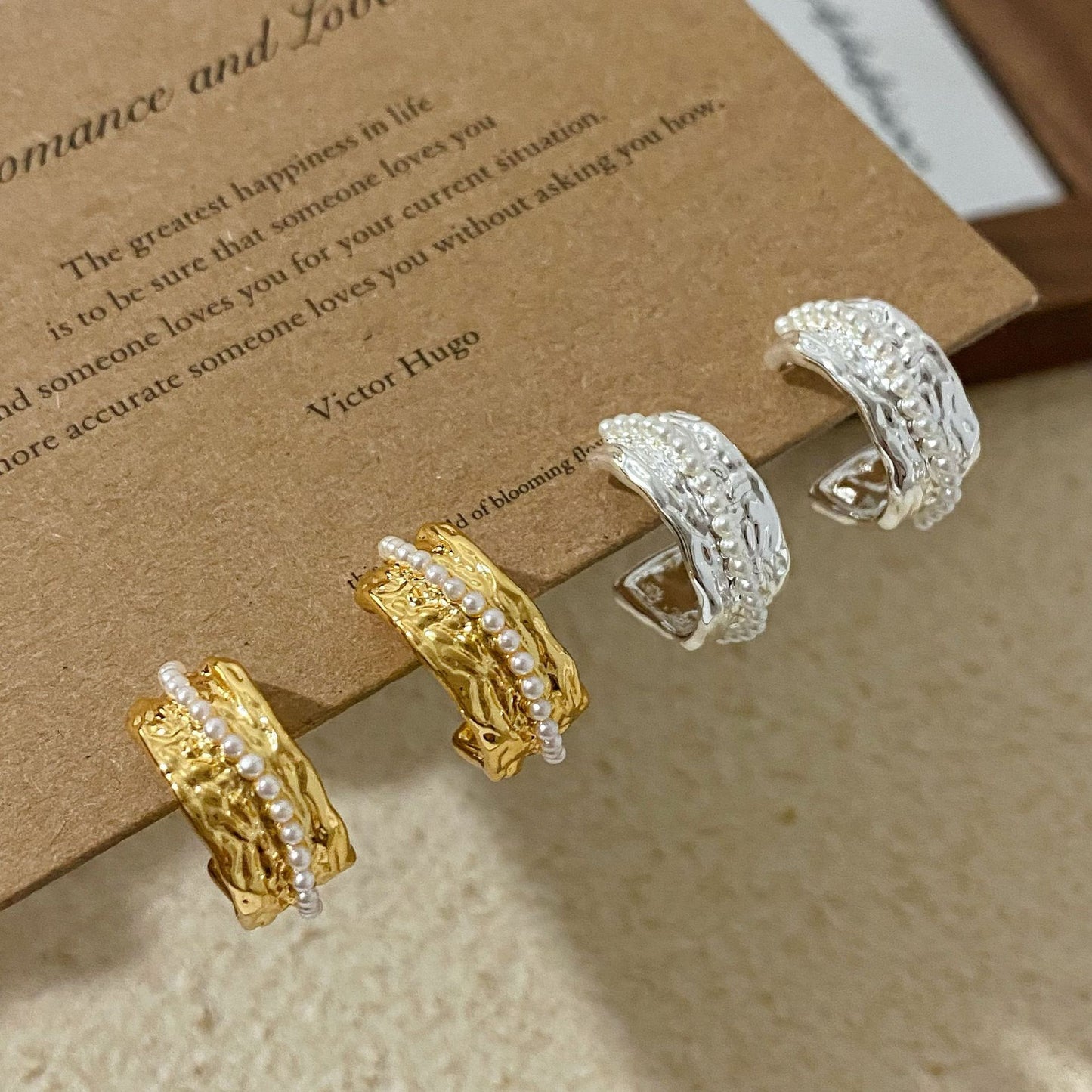 Copper Plated Gold Pleated Texture Irregular Small Beads Female Earrings