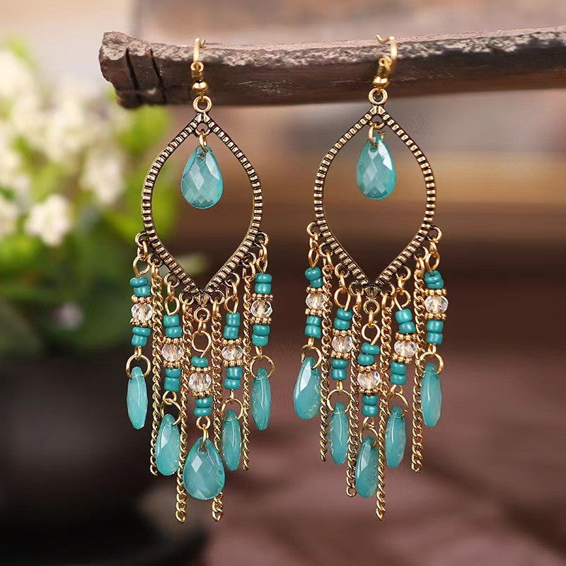 Ethnic Style Tassel Long Bohemian Crystal Yunnan Summer Earrings