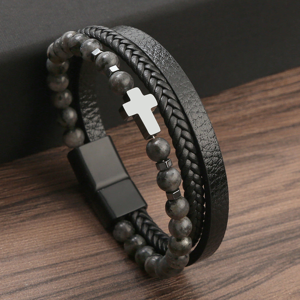 Men's Natural Stone Stainless Steel Tigereye Cross Bracelets