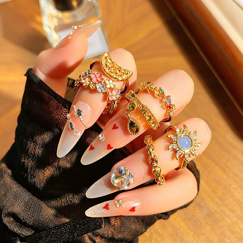 Palace Style Colored Gems Sunflower Open French Retro Flower Twin Ring