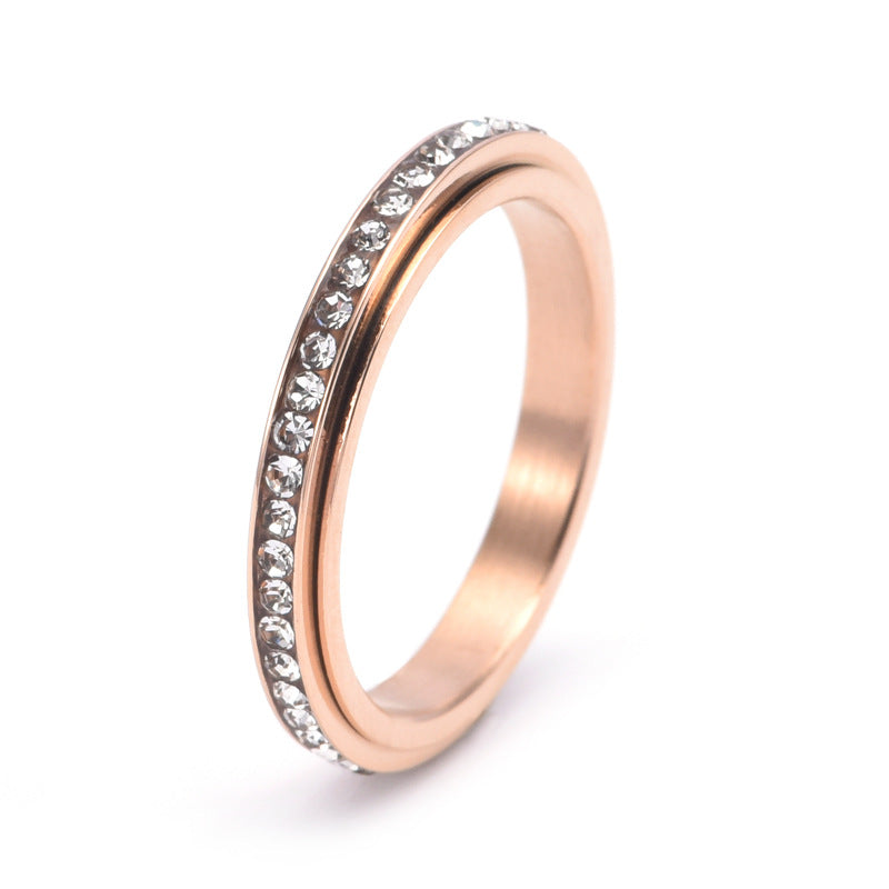 Women's Stainless Steel Fresh Single Row Rhinestone Rotatable Rings