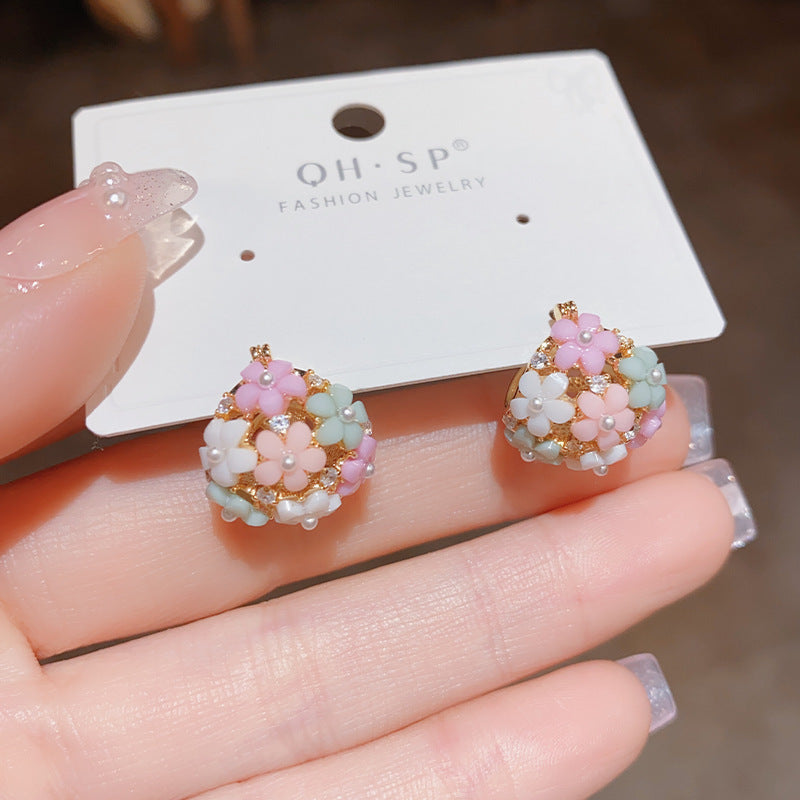 Women's Stylish Zircon Pearl Flower Basket Clip Niche Design Ear Buckle