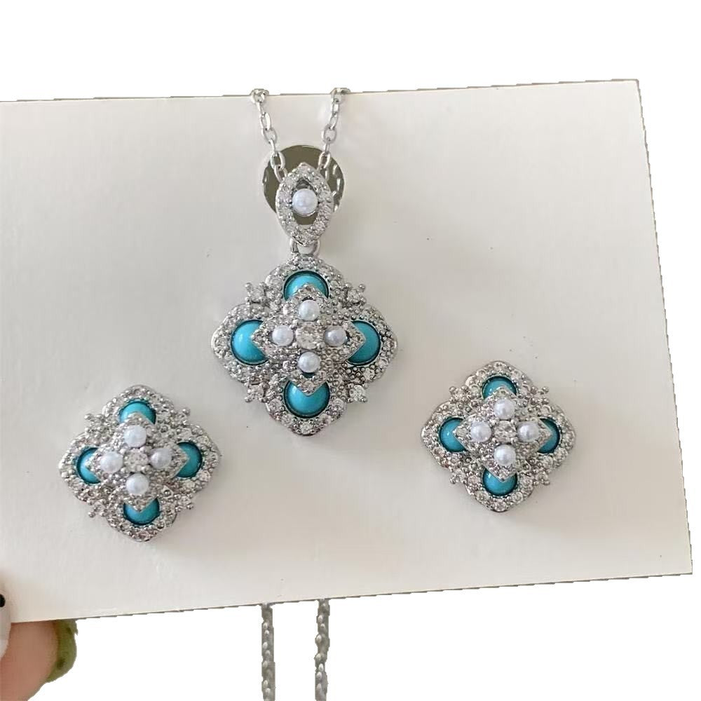 Women's Zircon Turquoise Flower Pearl Light Luxury High-grade Exquisite Temperament Wild Jewelry Set