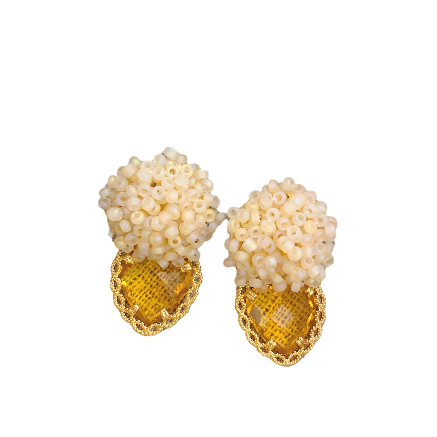 Handmade Beaded Flower Fresh Gentle Yellow Heart Earrings