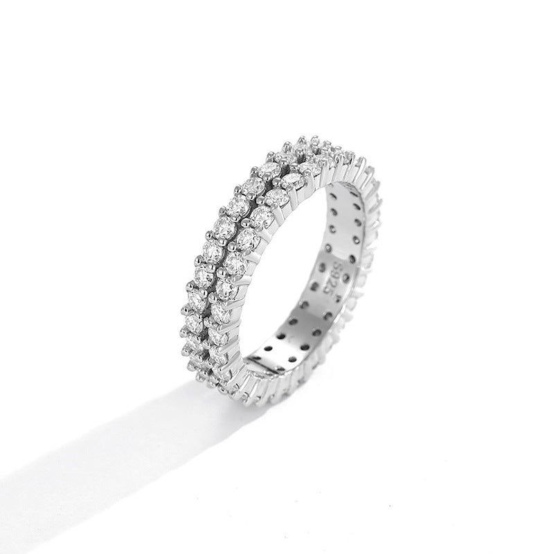 Sier Two Rows Couple Full Diamond Three-row Rings