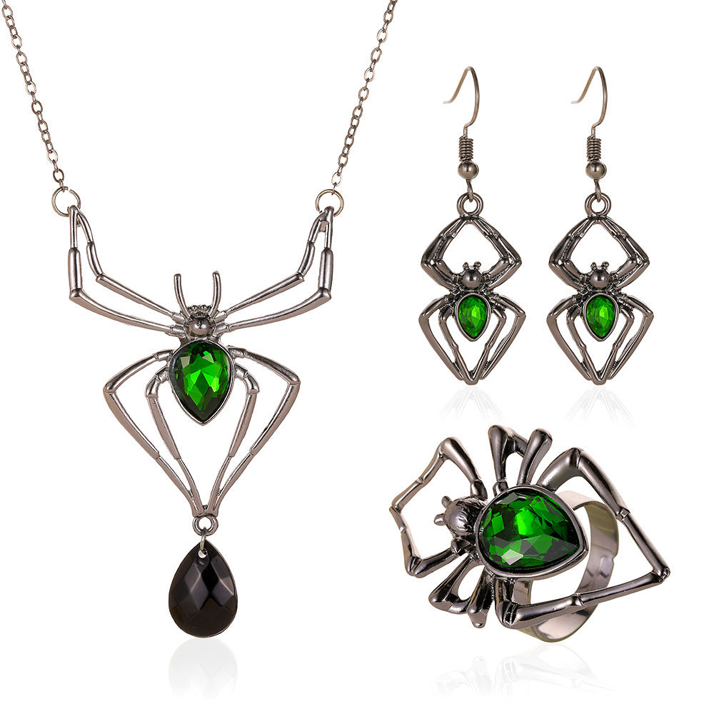 Halloween Three-piece Spider Retro Emerald Suit Jewelry Set