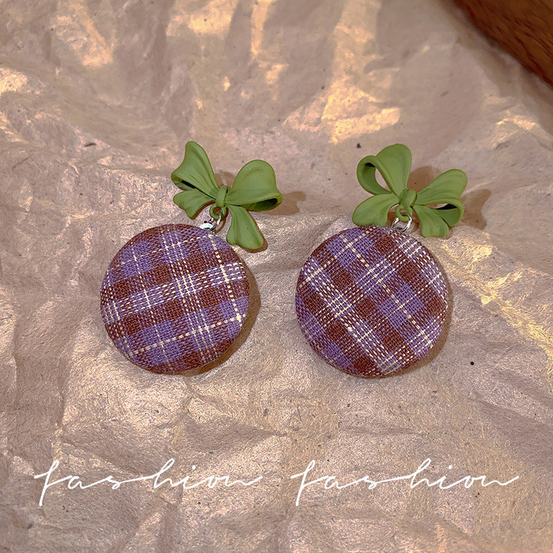 Style Plaid Bow Fashionable Temperament High Earrings