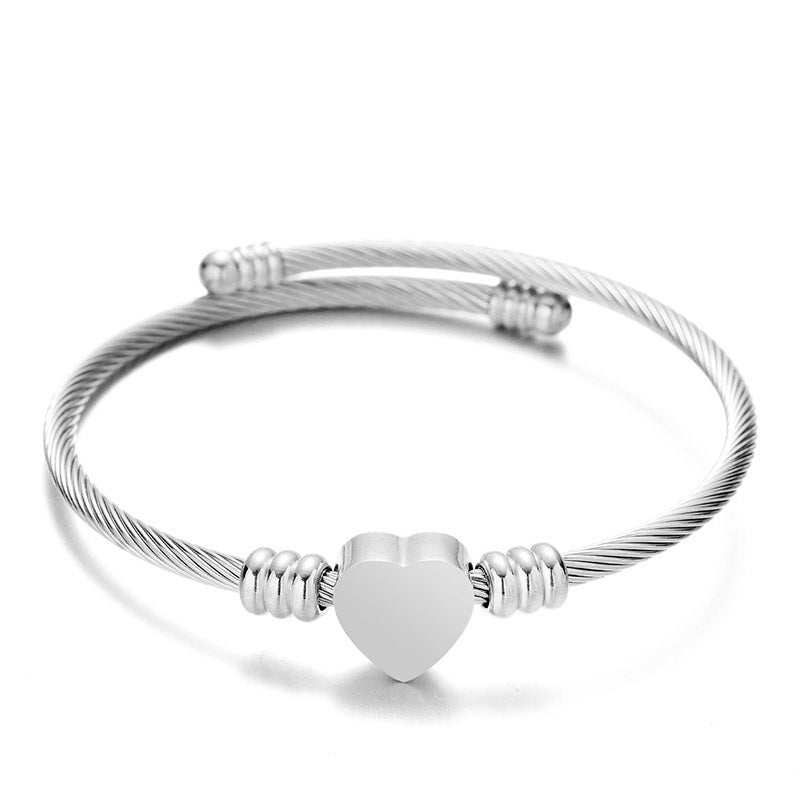 Stainless Steel Cable Wire Titanium Peach Heart Love Lettering Bracelet