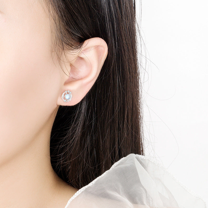 Sier Feather You Accompany Fashion Moonstone Earrings