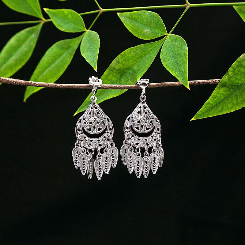 Women's Ethnic Geometric Tassel Ear Clip Miao Sier Retro Elegant Earrings