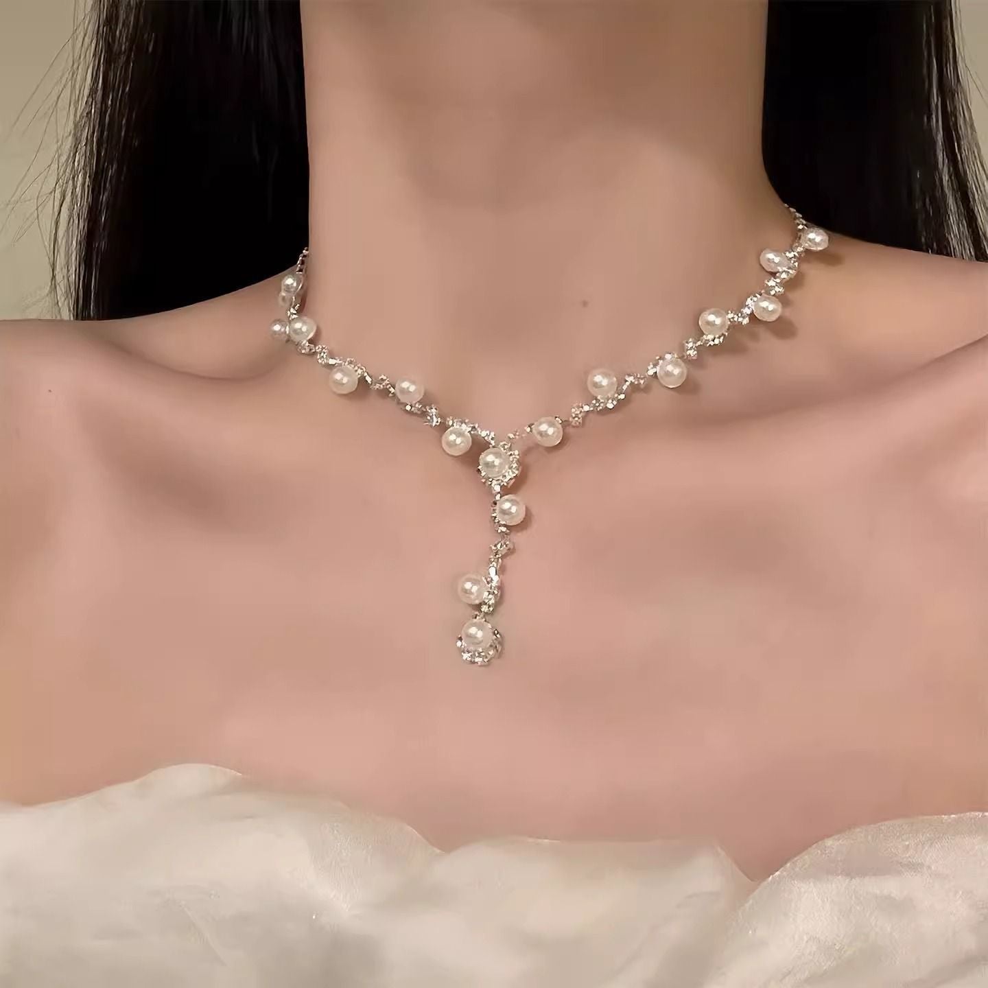 French Style Rhinestone Pearl Super Fairy Light Luxury Female Advanced Necklace