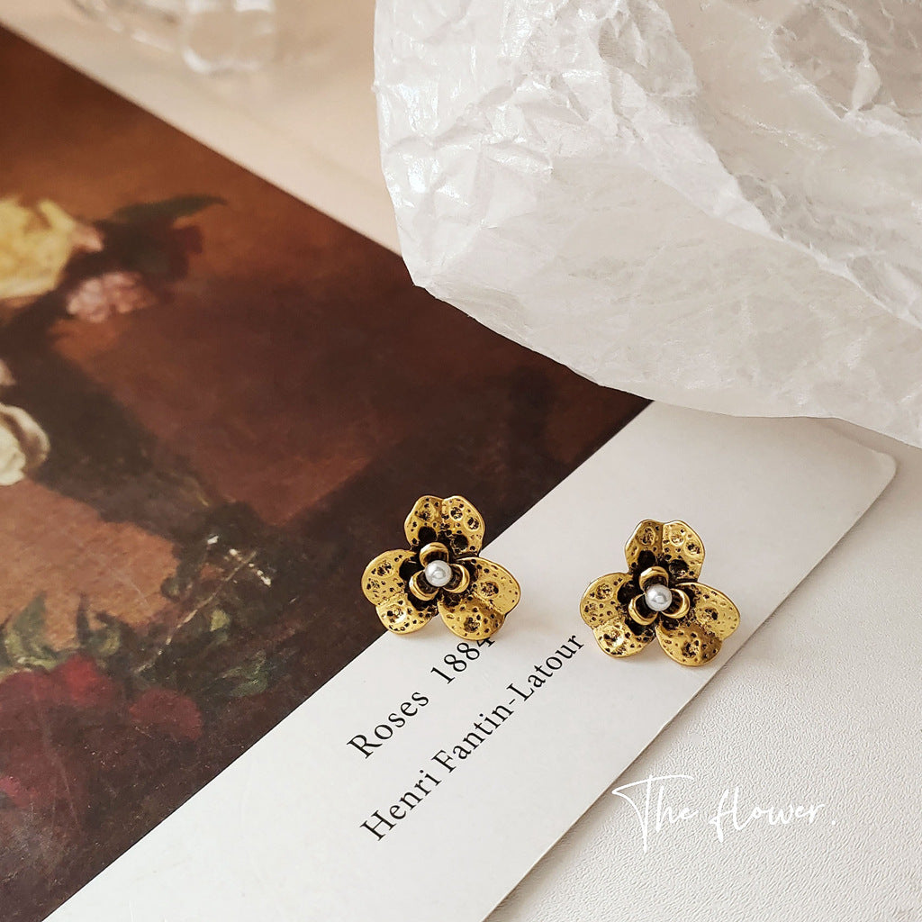 Tarnish Sier Needle Flower Ancient Gold Petal Simple Graceful Eardrops Stud Earrings