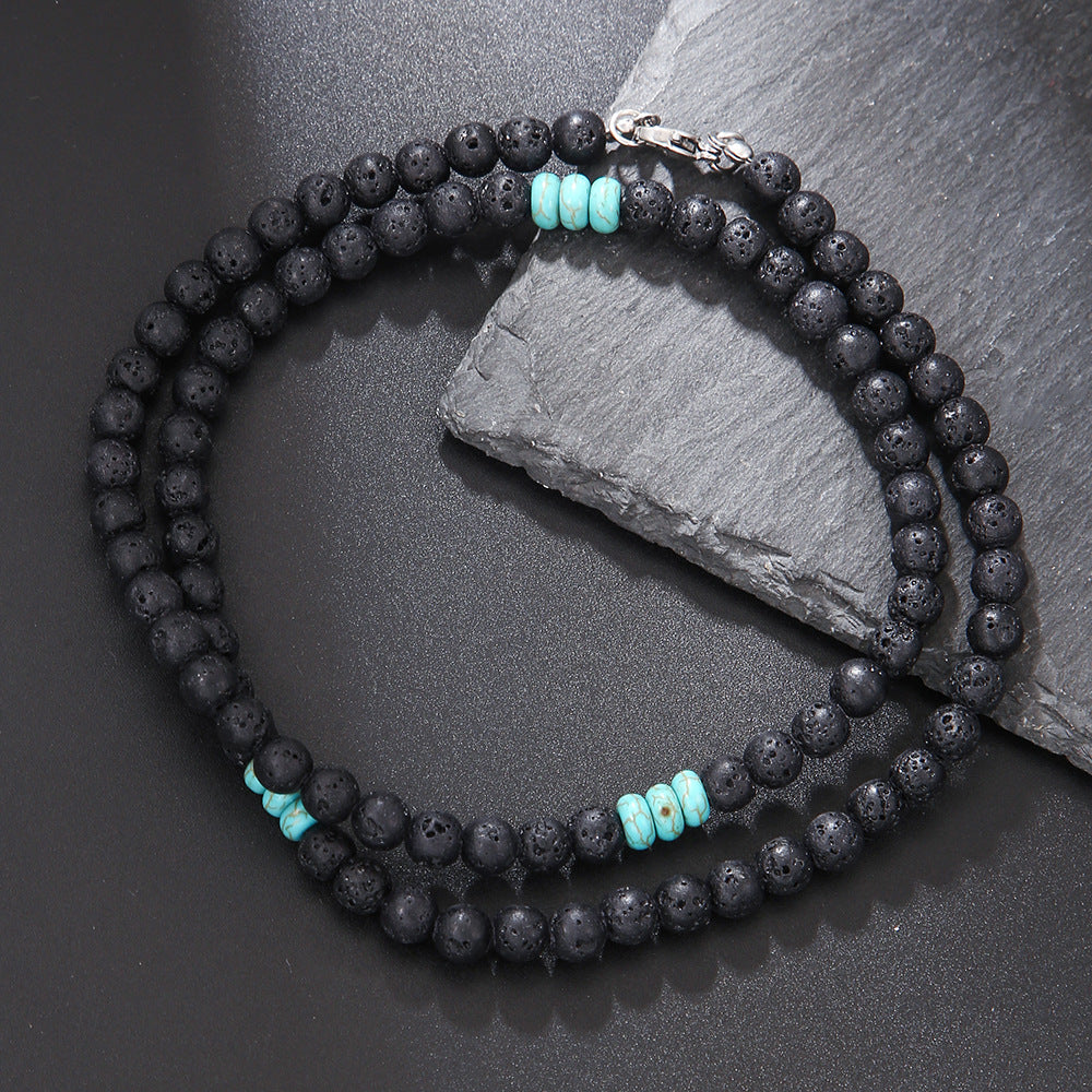 Black Frosted Volcanic Rock Beaded Bohemian Stainless Necklaces