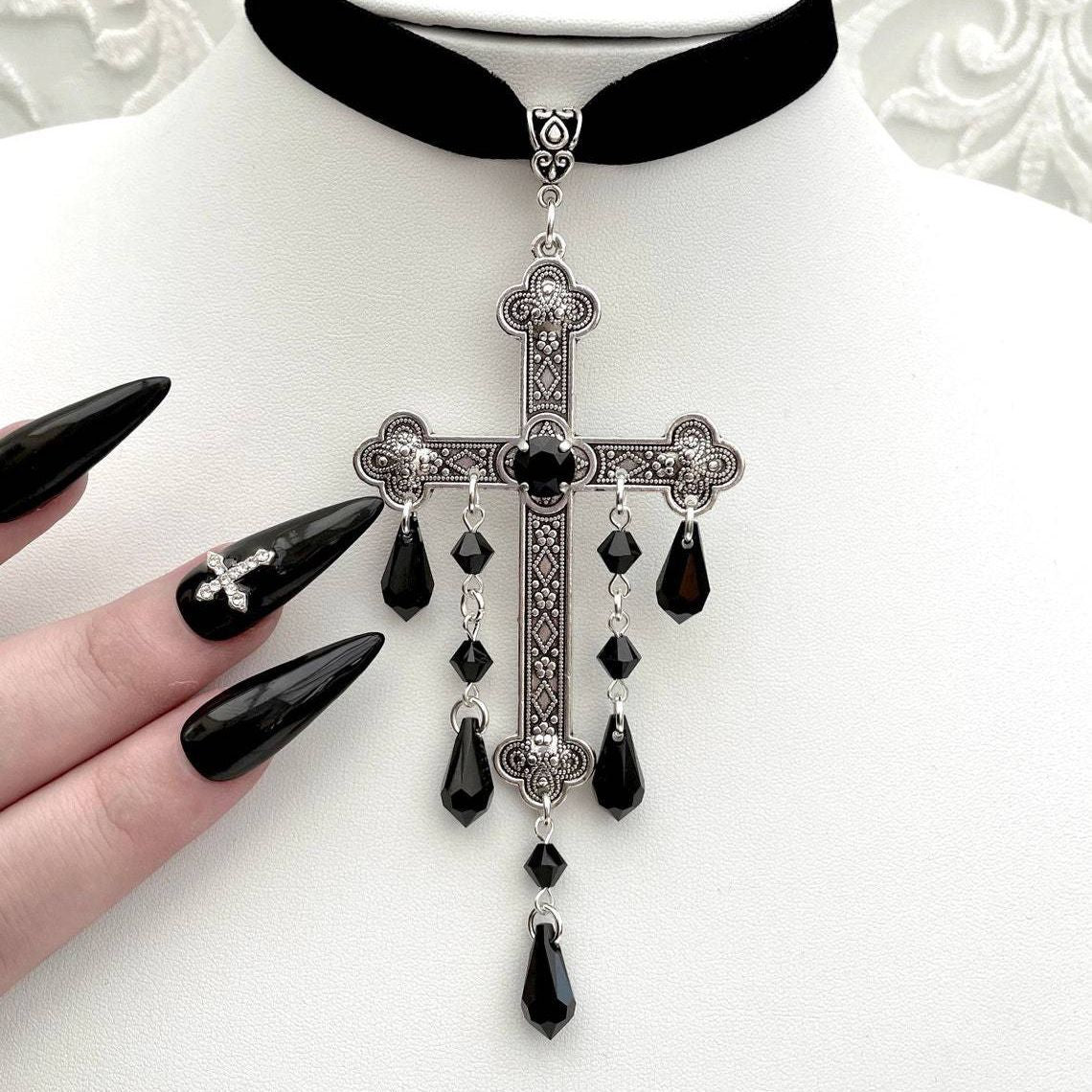 Big Cross Gothic Vampire Sier Pendant Necklaces