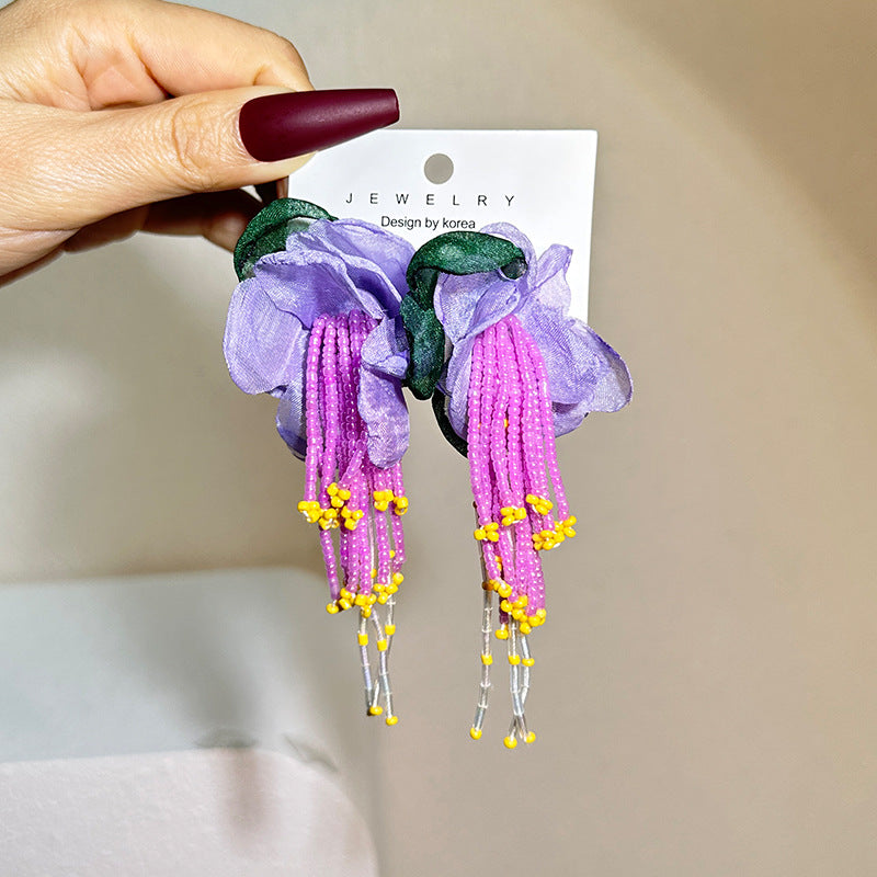 Bohemian Handmade Fabric Flower Long Fringe Earrings