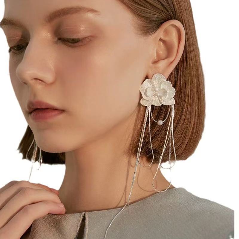 Fairy Flowers Phalaenopsis Long Tassel Niche High-grade Sier Needle Frosty Earrings
