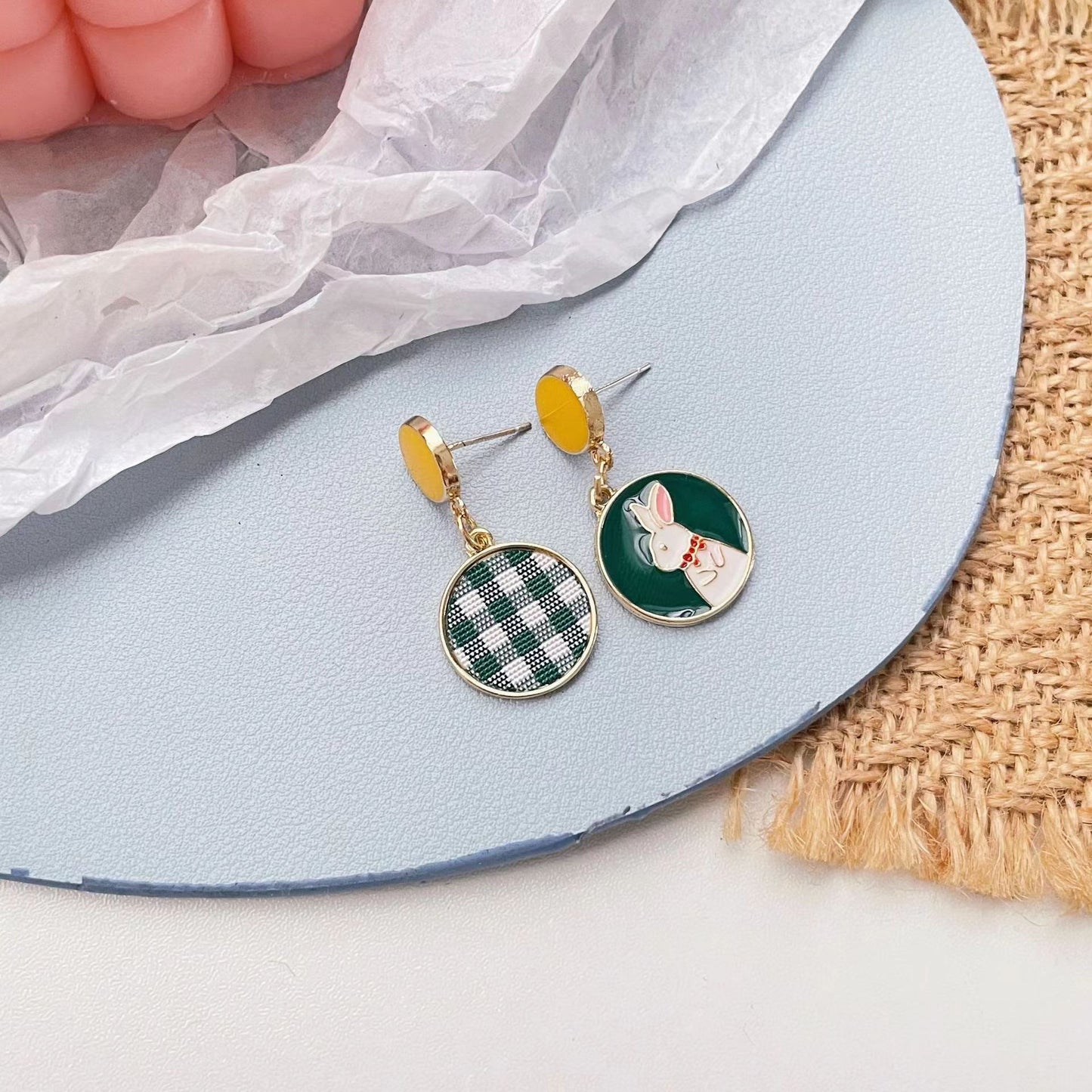 Asymmetric Design Bunny Simple Round Drop Oil Contrast Color Fun Earrings