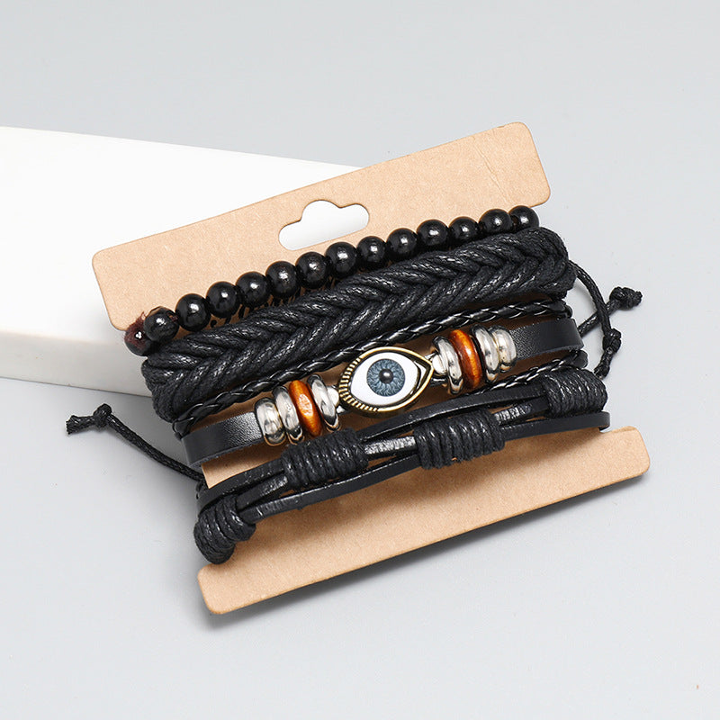 Combination Black Leather Vintage Weave Eye Bracelets