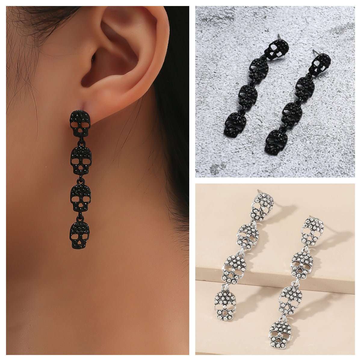 Boucles d'oreilles rétro noires avec tête de mort découpée, personnalité de la mode pour femmes