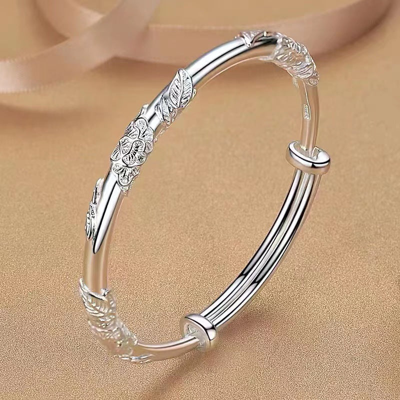 Push-pull Female Chinese Sier Plated Embossed Filigree Leaf Bracelet