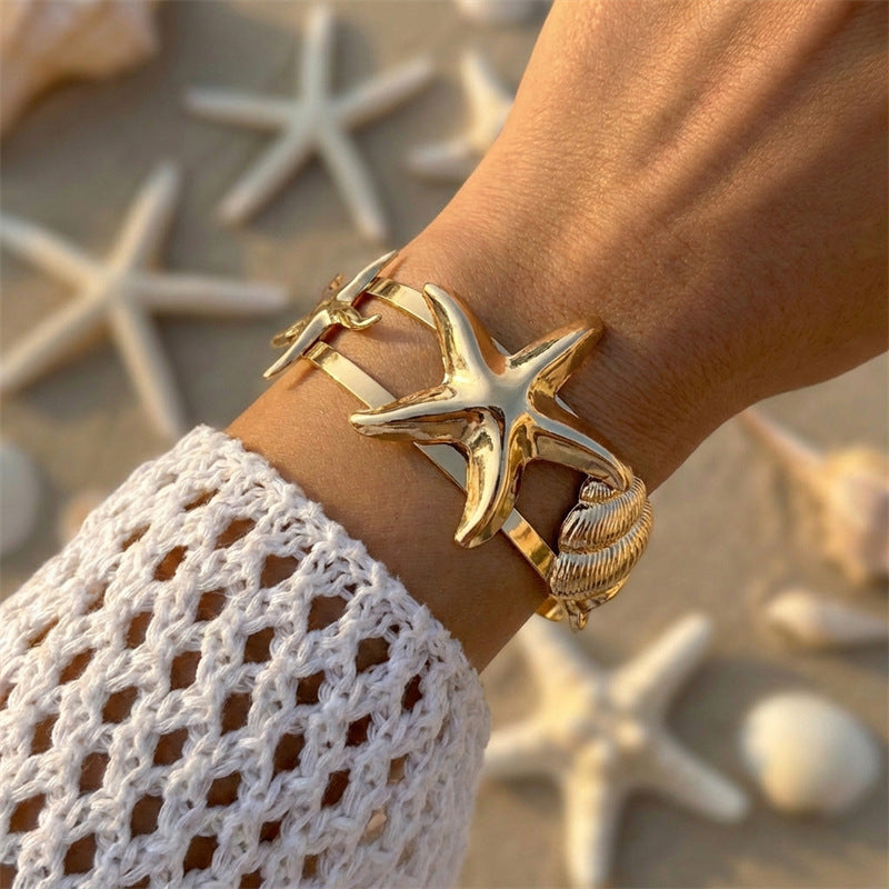 Ocean Style Metal Female Summer Vacation Starfish Baroque Hollow Adjustable Bracelets