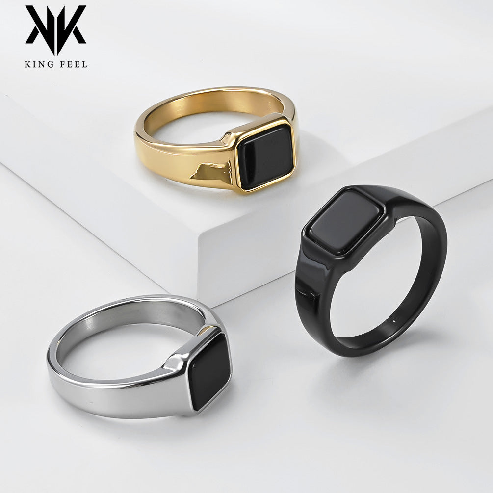 Women's & Men's Style Geometric Design Titanium Steel Black Onyx Niche Ring