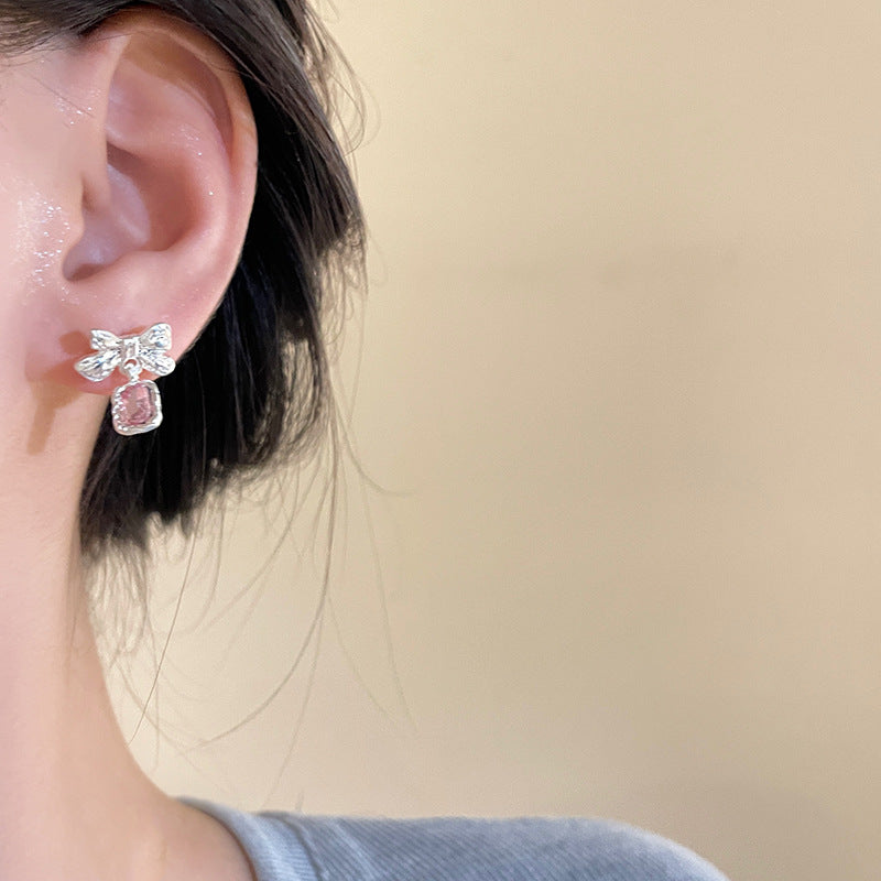 Boucles d'oreilles à la mode en strass pour femmes, Super brillantes, fraîches, avec nœud doux