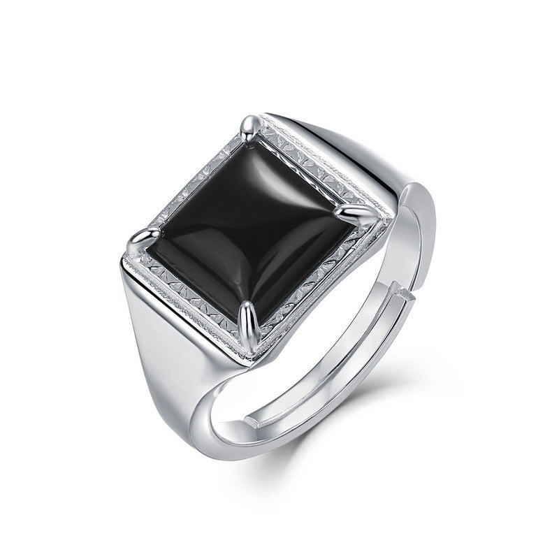 Fashion Simple Square Black Agate Sterling Rings