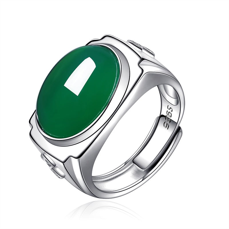Men's Green Chalcedony High-grade Sense Open Agate Emerald Sier-plated Ring