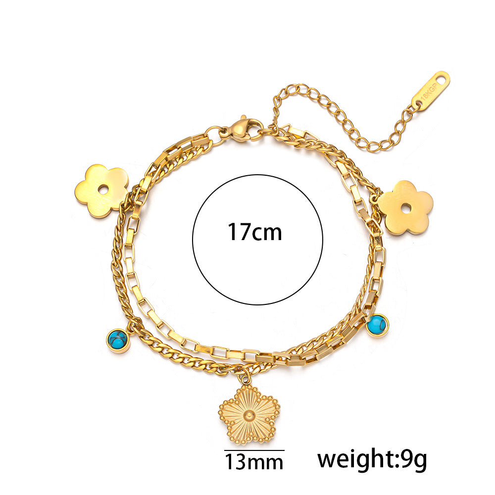 Women's Stainless Steel Gold-plated Laser Twin Five-leaf Bracelets