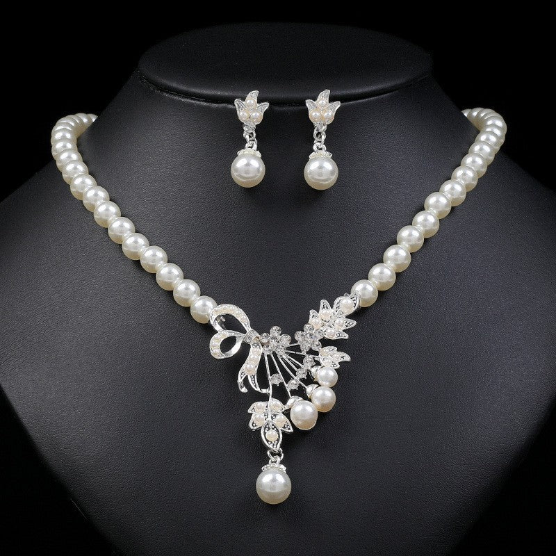 Women's Bridal Wedding Two-piece Dress Rhinestone Pearl Jewelry Set