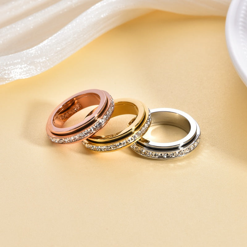 Single Row Square Diamond Rotatable Double Circle Good Luck Comes Ring