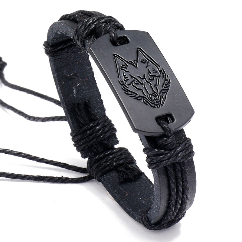 Bracelets en corde tressée tête de loup noir en cuir pour hommes