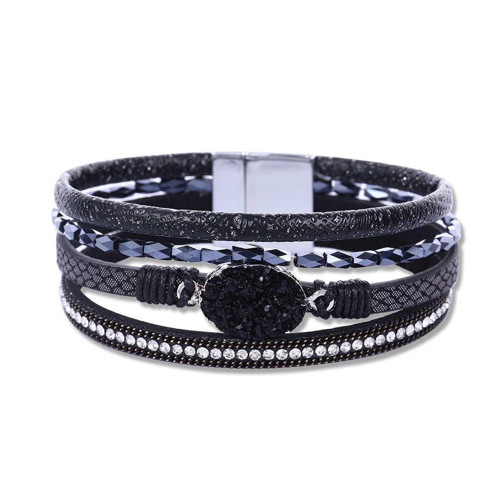 Women's White Crystal Diamond Woven Leather Vintage Bracelets