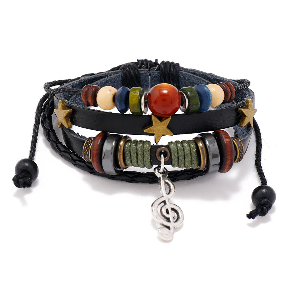 Beaded Leather Weave Vintage Alloy Note Bracelets