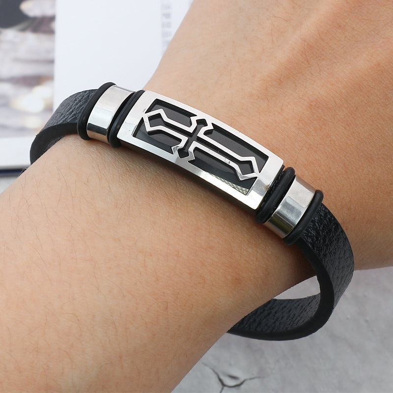 Men's Souvenir Gift Leather Titanium Steel Cross Bracelets