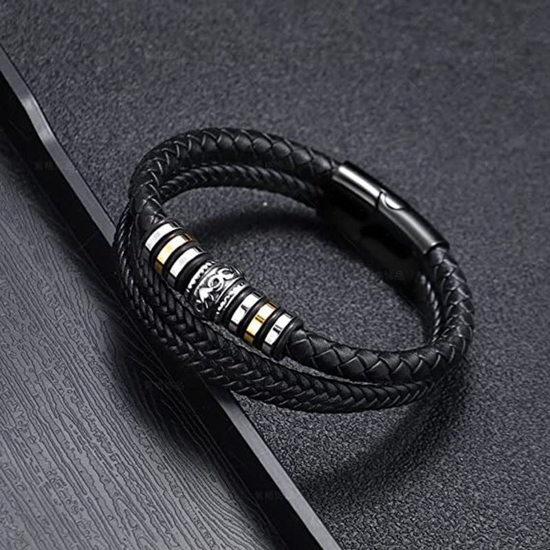 Men's Steel Color Woven Leather String Magnetic Bracelets