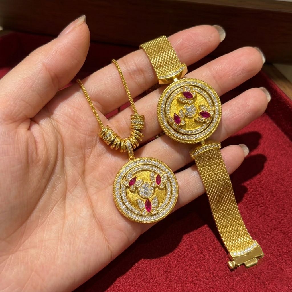 Pairing Gold-plated Rotating Compass Red Corundum Watch Strap Chain Jewelry Set