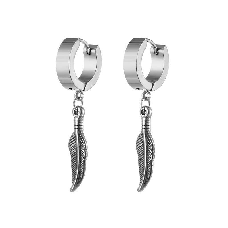 Men's Vintage Stainless Steel Style Feather Ear Clip Trendy Earrings