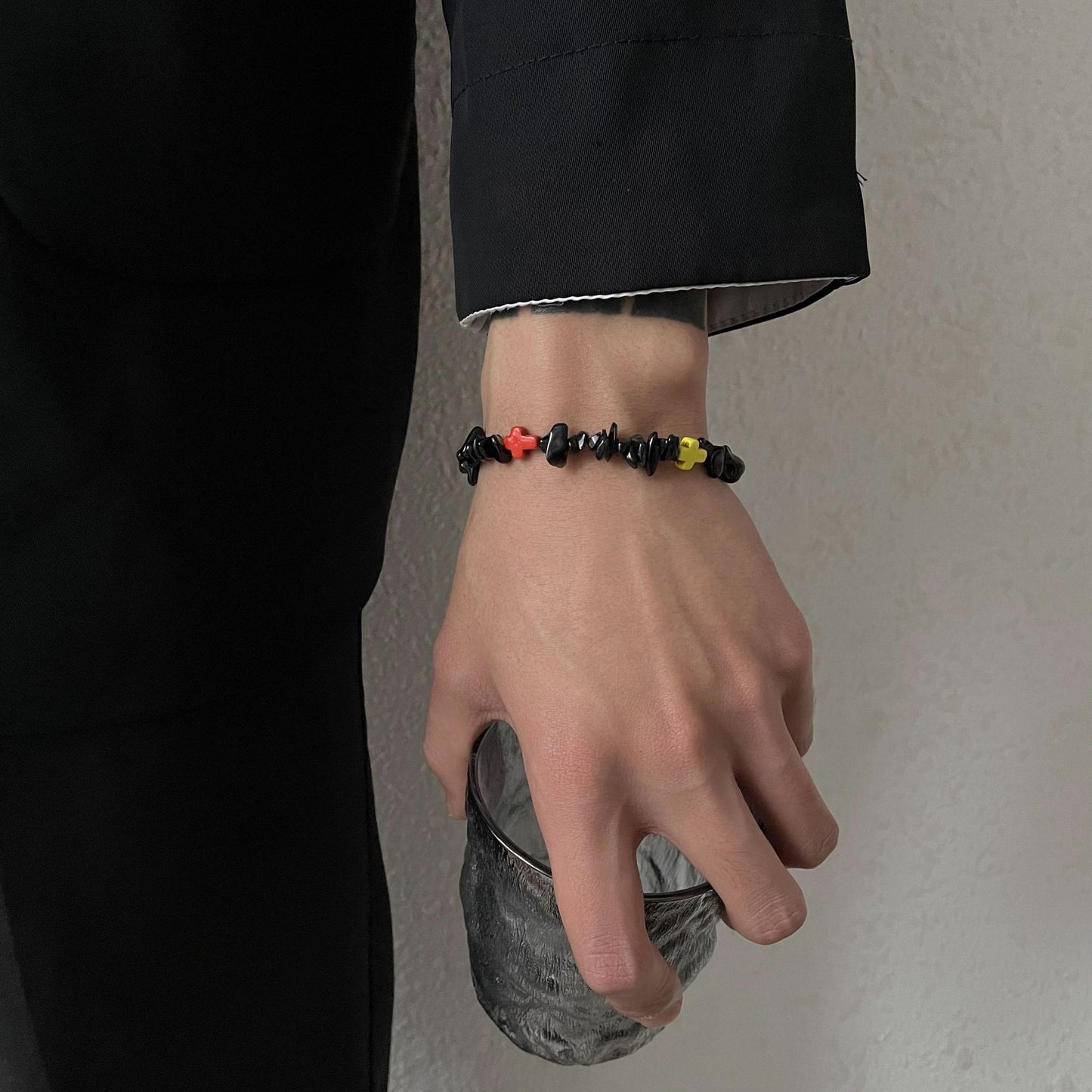 Bracelets avec croix colorée en agate noire, design hip hop pour femmes et hommes