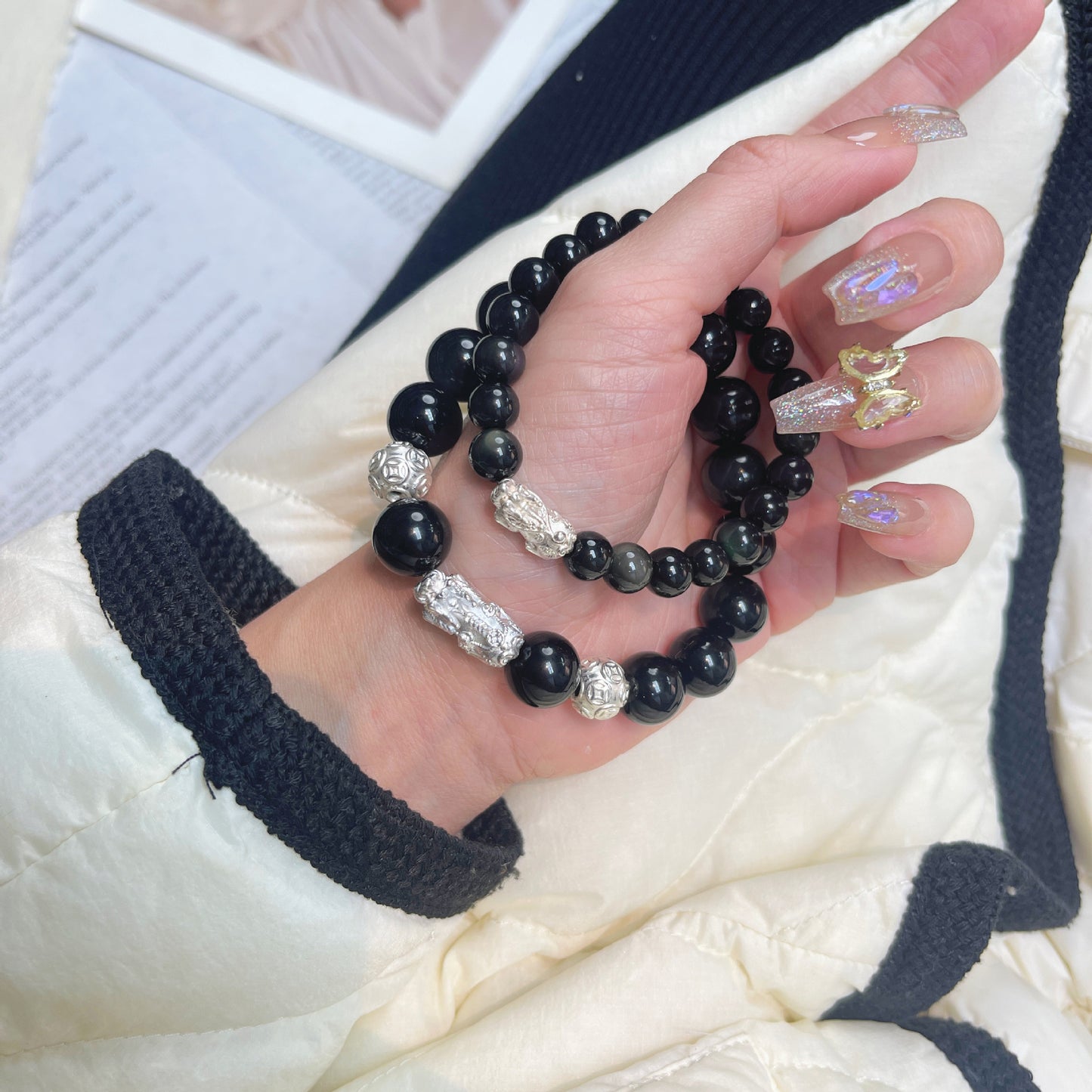 Bracelets de Saint-Valentin en cristal d'argent et ciel d'obsidienne pour couple