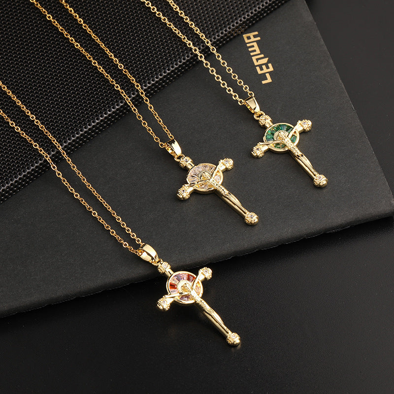 Color Zircon Cross Sweater Chain Advanced Necklaces