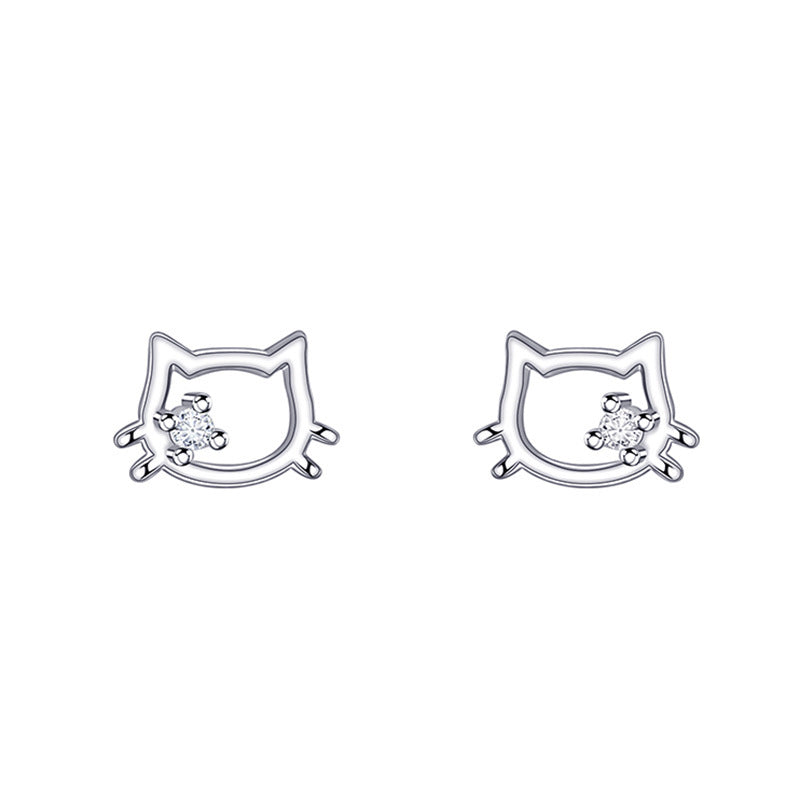 Women's Sterling Sier Cute Cat Ear Simple Temperament Hollow Kitten Pin Stud Earrings