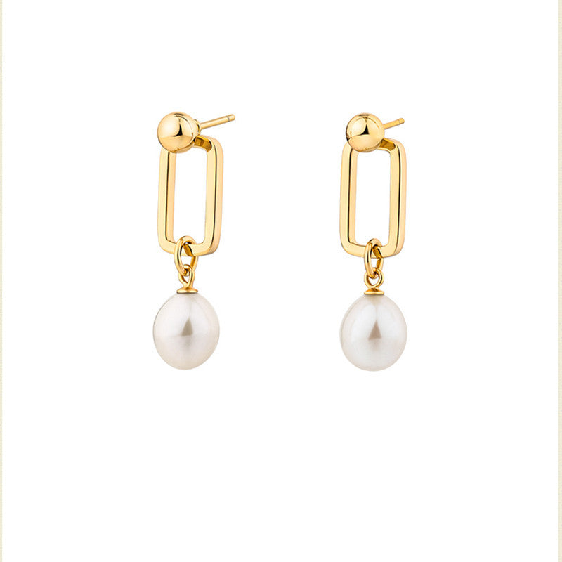 Women's Sier Small Square Buckle Pearl Simple Fashion Earrings