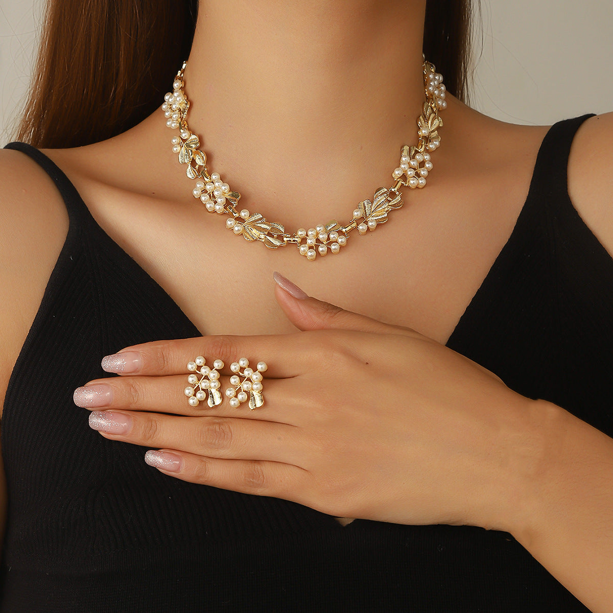 Leaf Pearl Vintage Brushed Frosted Palace Style Retro Affordable Luxury Jewelry Set