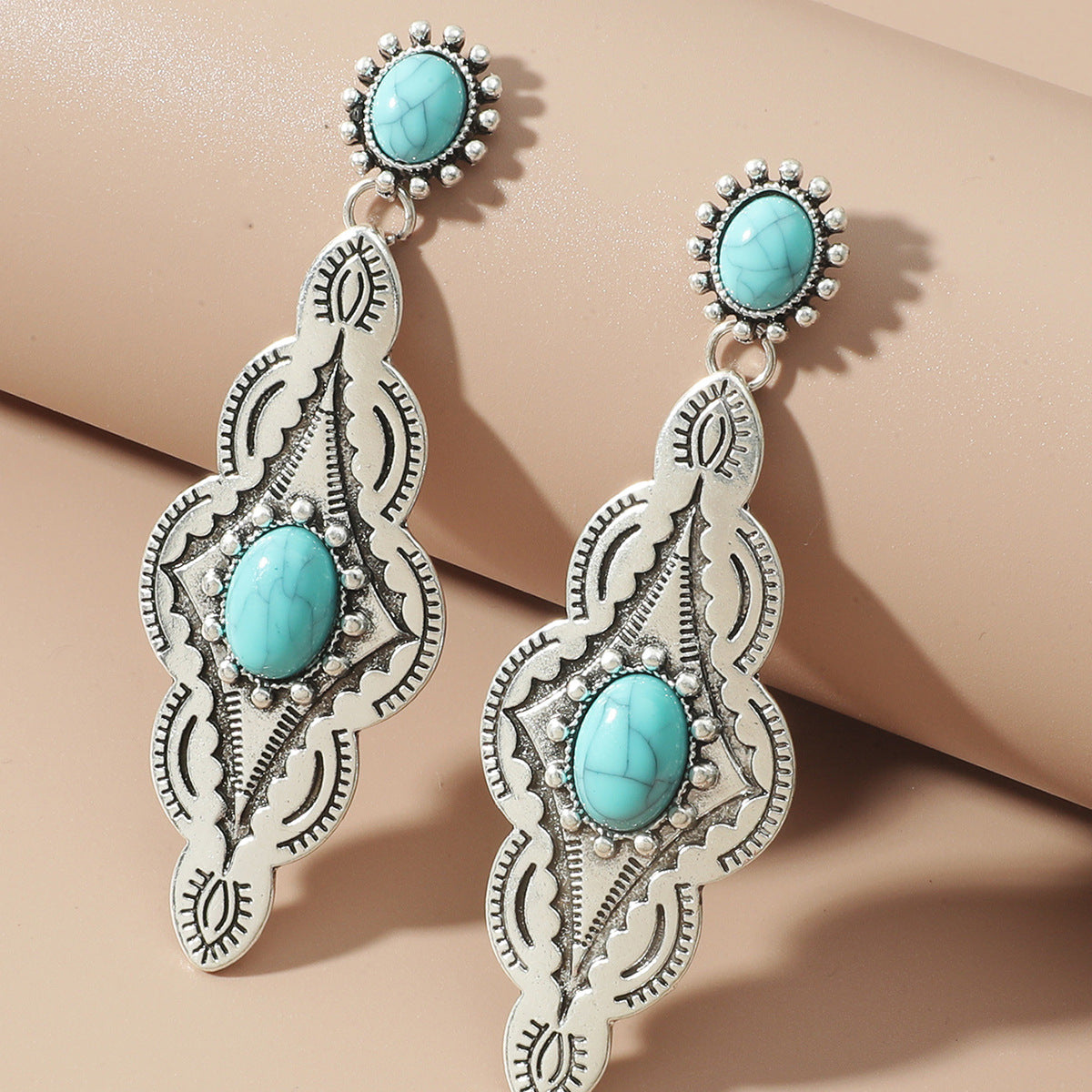 Boucles d'oreilles longues turquoise de style ethnique, personnalité haut de gamme